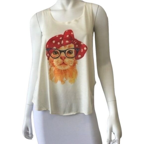 Sleeveless Ivory Tank Top With Cat Print & Red Polka Dot Bow Design - Picture 1 of 4